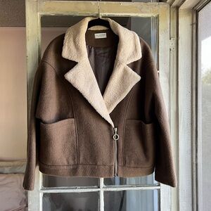 Lili Sidonio Molly Bracken Brown Faux Sherpa Collar Long Sleeve Relaxed Jacket